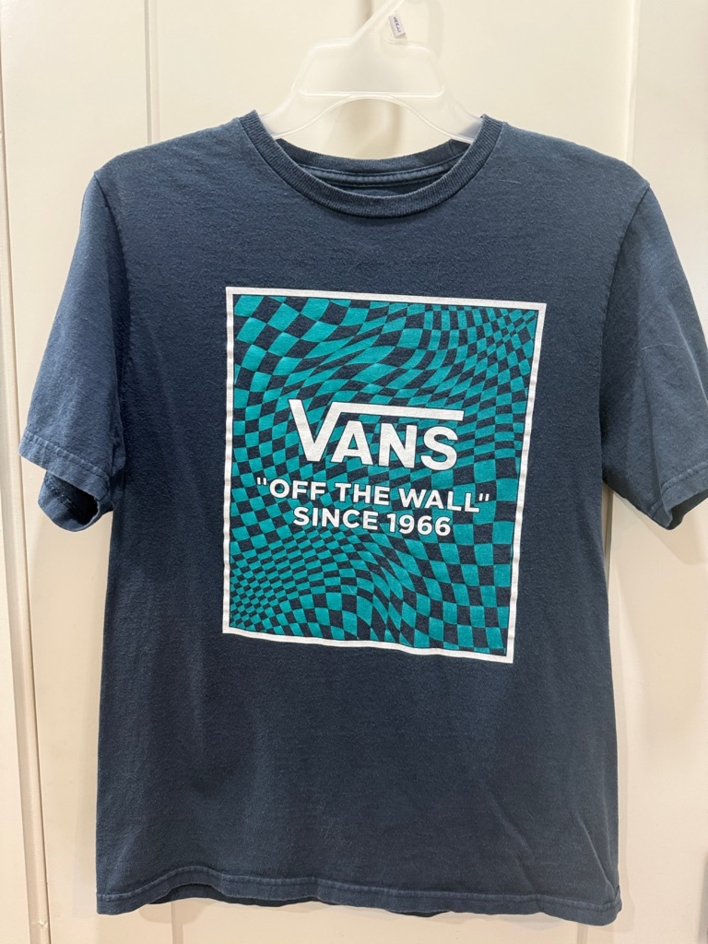 Vans Navy Tee with Teal Optical Checkerboard Graphic